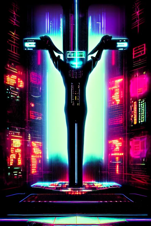 Image similar to cruxifiction of the technochrist, cyberpunk, bladerunner, rain, neon, holy, sacrifice, future, neo testament, video artifacts