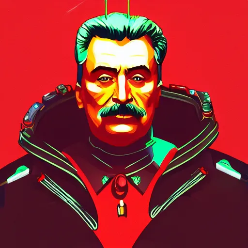 Image similar to cyberpunk joseph stalin as the leader of a futuristic communist society, cybernetics, sharp lines, digital, artstation, colored in