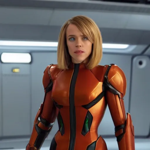 Image similar to rachel mcadams playing the role of samus in the new metroid movie, film still, 4 k, highly detailed, dramatic lighting