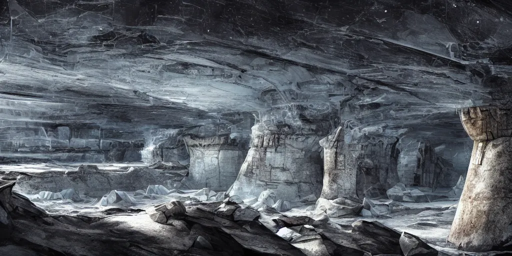 Image similar to a vast and epic ancient interior of an alien city buried with in a glacier deep in the mountains of antarctica, moody and lonely