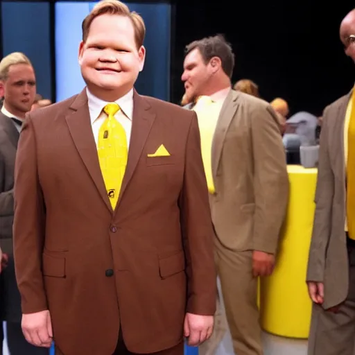 Image similar to Andy Richter is wearing a chocolate brown suit and yellow shirt and necktie. Andy is standing in front of a mirror.