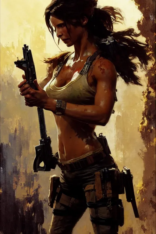 Image similar to lara croft with pistols, portrait dnd, painting by gaston bussiere, craig mullins, greg rutkowski, yoji shinkawa