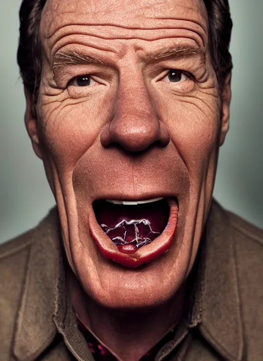 Image similar to bryan cranston bulging cheeks eating cranberries, open mouth filled with cranberries, studio light, bloom, detailed face, magazine, press, photo, steve mccurry, david lazar, canon, nikon, focus