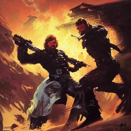 Image similar to cinematic action shot freeze frame portrait of Chuck Norris using another Chuck Norris as a weapon to fight evil by greg rutkowski and frank frazetta and peter mohrbacher and marc silvestri