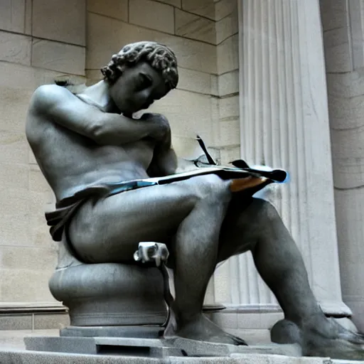 Prompt: a marble statue having trouble working on his laptop