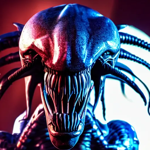 Image similar to a xenomorph looking menacingly at the camera, dramatic blue lighting