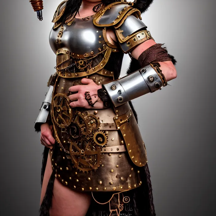 Image similar to full length portrait photograph of a real-life beautiful woman steampunk roman centurion. Extremely detailed. 8k