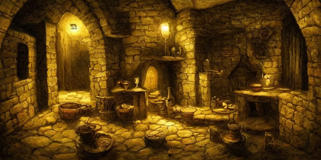 Image similar to medieval cottage interior at night, fantasy