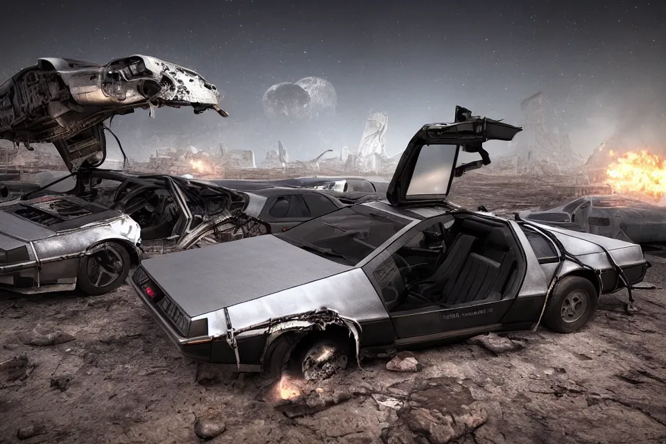 Prompt: delorean dmc 5 next to ancient space ship wreck horror, dark cinematic, volumetric, realistic, 3 d render, realistic render, cinematic lighting, volumetric lighting, atmospheric, cinematic, unreal engine, unreal engine render, octane render, hd, photorealism, hyper realistic, photo, 8 k