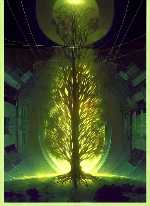 Image similar to high depth, collective civilization tree, calm, healing, resting, life, hybrids, scifi, glowing lights!!, published concept art, mixed medias, image overlays, sharp focus, thin glowing wires, winning illustration, art by greg rutkowski and alphonse mucha, singularity!!!, 3 6 0 projection