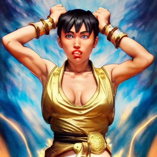 Image similar to miley cyrus as chun li from street fighter, kicking, 4 k, ultra realistic, detailed focused art by artgerm and greg rutkowski and alphonse mucha