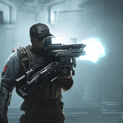 Image similar to kanye west as a ghostbuster in gears of war battlefield 5, splash art, movie still, cinematic lighting, dramatic, octane render, long lens, shallow depth of field, bokeh, anamorphic lens flare, 8 k, hyper detailed, 3 5 mm film grain