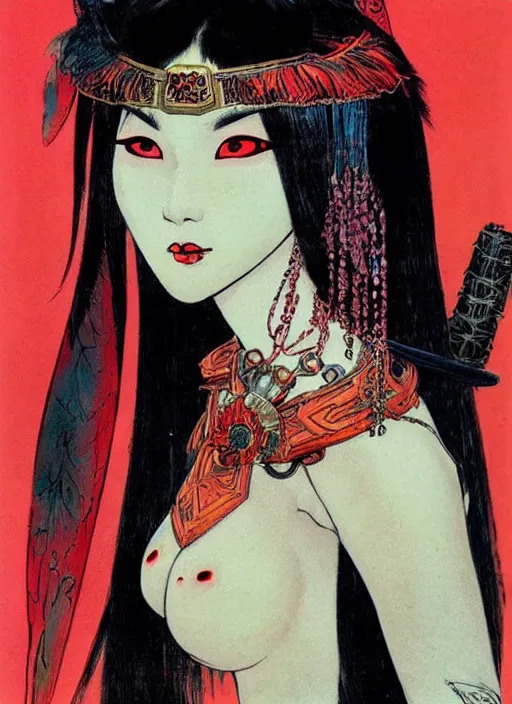 Image similar to female korean vampiress, jeweled headdress, heavy mascara, strong line, saturated color, beautiful! coherent! by frank frazetta, high contrast, minimalism