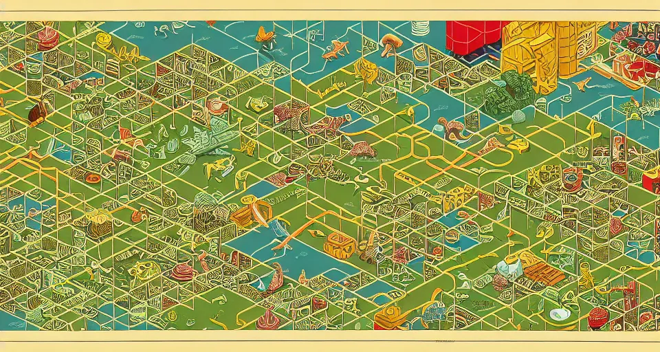 Image similar to isometric miniature map dashboard with time series charts, pie plots and other modern graphics, with small creatures on it. monografia by diego rivera and geof darrow