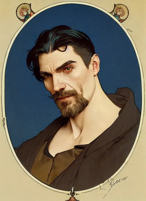 Prompt: a painting of a 35 year old man with a hawk like, arrow shaped face, blue eyes and white hair. He has a sharp nose and jaw and a witty, smug expression. He is cocking his head to one side. by Artgerm and Greg Rutkowski and Alphonse Mucha, dramatic studio lighting