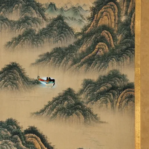 Prompt: a chinese landscape painting of a building in a serene landscape