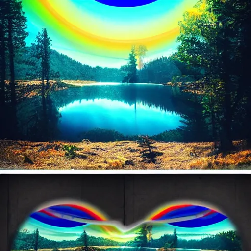 Image similar to rainbow stripes neon sign half circle in water reflected on lake, misty mountains surrounded by beautiful forest, sunny summertime sunlit daylight, hdr, 4 k, award winning photography, volumetric lighting, artstation