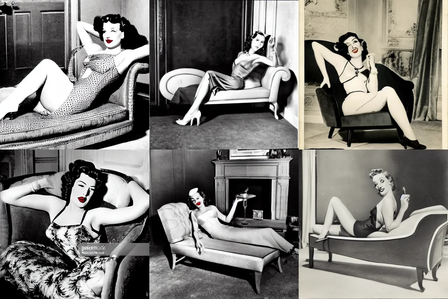 Prompt: 1940s diva laying on a chaise longue having a martini. death comes through the door