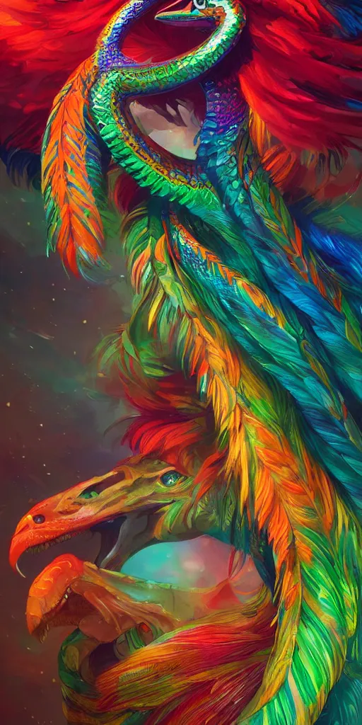 Image similar to colorful and festive captivating quetzalcoatl, quetzal feathers, rich vivid colors, ambient lighting, dynamic lighting, 4 k, atmospheric lighting, painted, intricate, highly detailed by charlie bowater