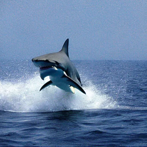 Image similar to action photo of shark jumping from surface of the sea into the ship, from nature journal, 1 / 1 0 0 0 sec shutter, action photo