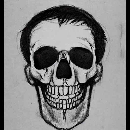 Prompt: uncanny disturbing black and white police sketch of a man with sharp teeth and half of his face missing revealing a bloody skull, wanted poster, scary, gory, realistic, terrifying, bloody.