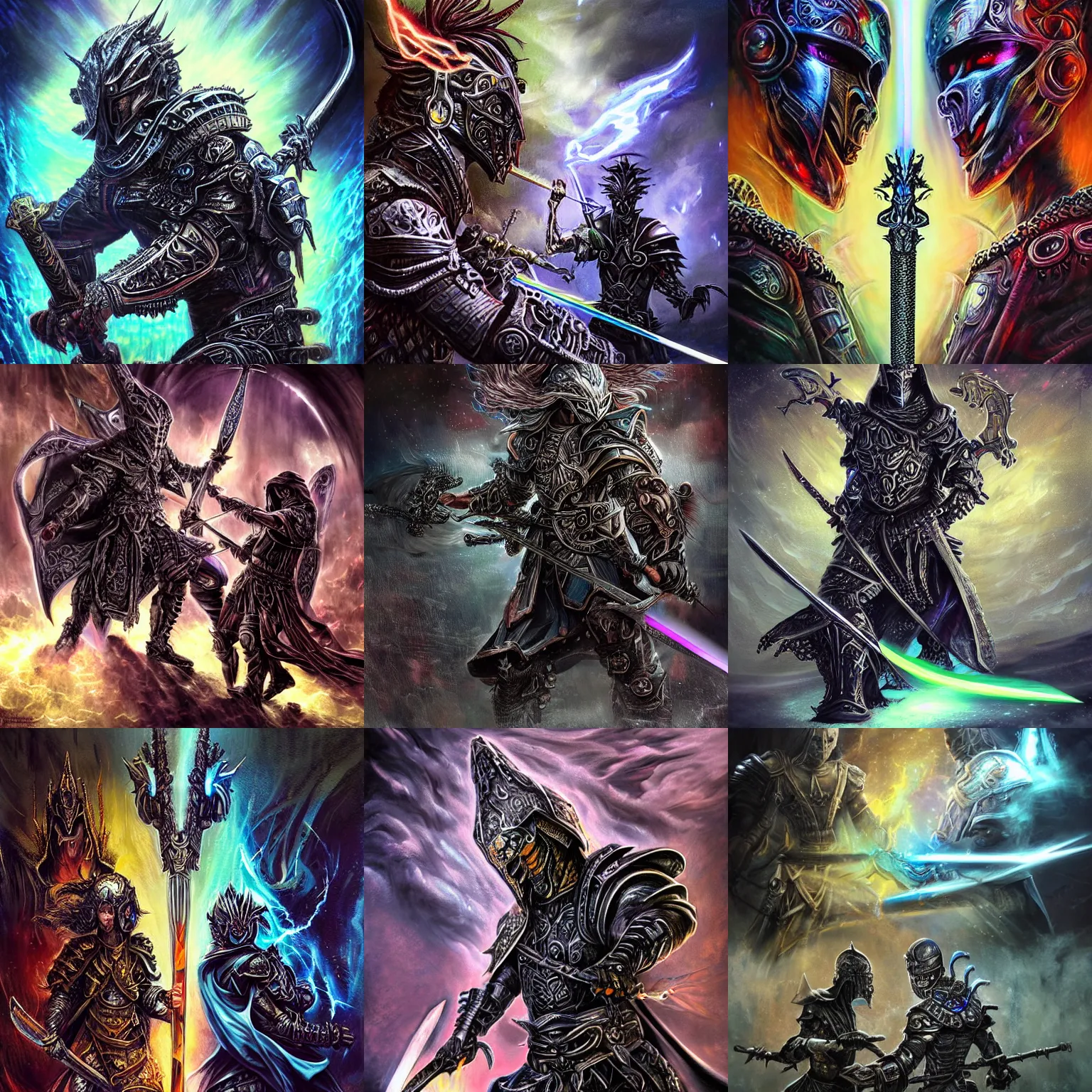 Prompt: Thunderous furious massive sword clash of two powerful opposing fighting stance opposite iridescent ornate cloaked hooded warrior technology gods who hate one another, dark gritty realistic highly detailed intricate artistic award winning digital oil painting, partially cybernetic dark entity gods made of future technology brandishing cosmic smoking iridescent weaponry, intricate, ornate, black armor with hints of rainbow and gothic influence, smooth oil painting, muted realistic colors, epic megastructure space scene background, super intricate, galactic, moody colors, realistic, real colors, moody, ominous, dangerous aura, microchips, crystallic, iridescent, lasers, gems, multicolored glints, precious elements, beautiful, detailed, concept art, render, unreal engine, 4K, artstation