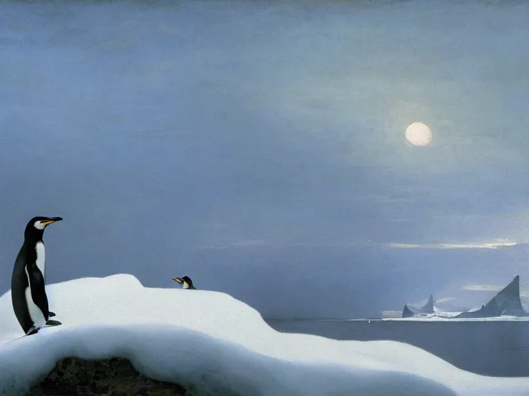 Image similar to an oil painting of a penguin playing in pure white snow on an iceberg in a serene ocean at dusk. aurora. by tuomas korpi moebius and carl spitzweg. baroque elements. intricate artwork by caravaggio. oil painting. oil on canvas. award winning. dramatic. trending on artstation. 8 k