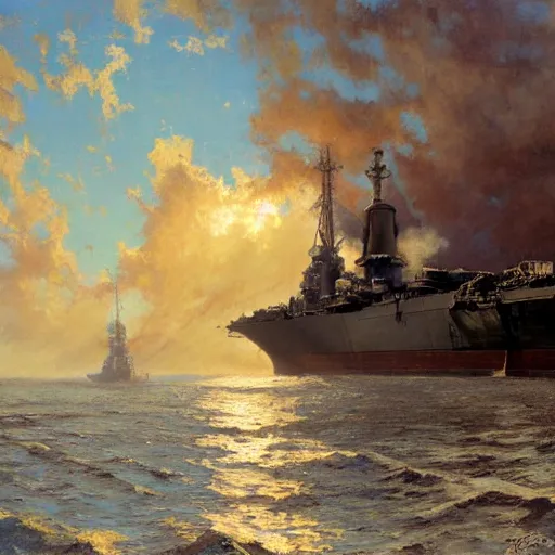 Image similar to detailed cinematic wide shot of world war 2 battleship, ultra realistic, spring light, painting by gaston bussiere, craig mullins, j. c. leyendecker