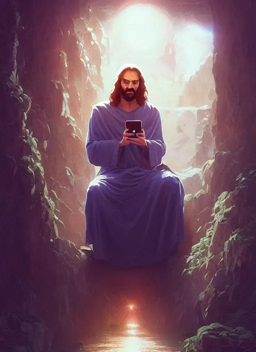 Image similar to Highly detailed portrait of jesus christ taking a selfie with an iphone, in GTA V, Stephen Bliss, unreal engine, fantasy art by Greg Rutkowski, Loish, Rhads, ferdinand knab, Makoto Shinkai and Lois van baarle, ilya kuvshinov, rossdraws, Tom Bagshaw, alphonse mucha, global illumination, radiant light, detailed and intricate environment