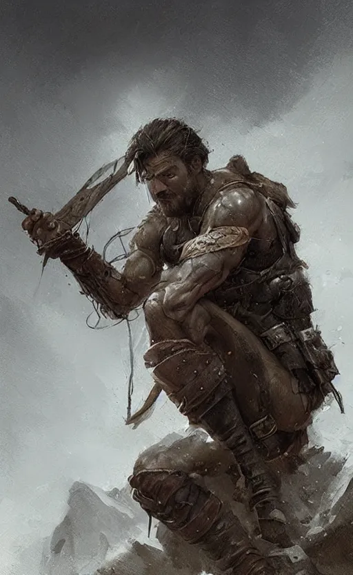 Image similar to Portrait of a rugged ranger sitting down, male, muscular, straight nose!!!, detailed face, handsome face, bare thighs!!!, simple clothing!!!!!, fantasy, medieval, highly detailed, cinematic lighting, digital art painting by greg rutkowski