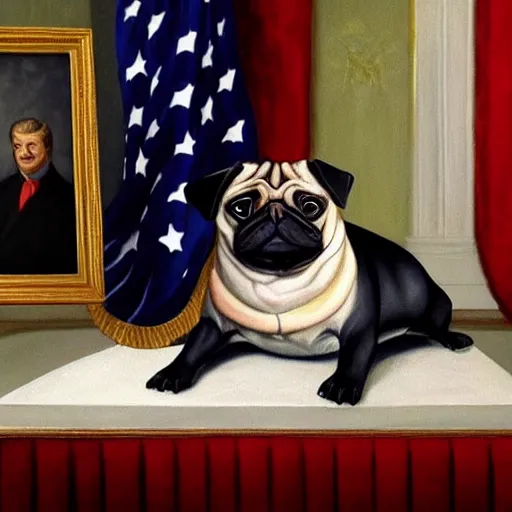 Image similar to a pug president of the usa. president of the us. in the oval. amazing painting. formal. beautiful. high resolution. highly realistic. close - up. trending on artstation