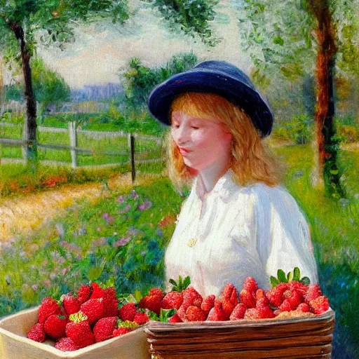 Image similar to Cute Blonde Girl 21 years old with locks sells Strawberries in a fruit stand, oil on canvas, Impressionism