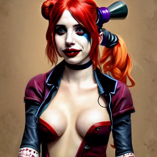 Image similar to Emma Roberts as Harley Quinn dressed with vegetables, western, D&D, fantasy, intricate, elegant, highly detailed, digital painting, artstation, concept art, matte, sharp focus, illustration, art by Artgerm and Greg Rutkowski and Alphonse Mucha