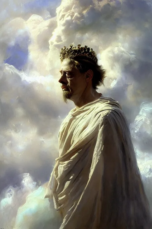 Image similar to beautiful detailed expressive impressionistic oil painting portrait of ancient roman god emperor steve buscemi ascending into the clouds wearing the civic crown, renaissance painting, art by anders zorn, wonderful masterpiece by greg rutkowski, expressive brush strokes, beautiful cinematic light, american romanticism by greg manchess, jessica rossier