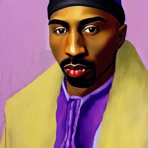 Image similar to oil painting portrait of tupac shakur in a purple suit, high quality art, oil on canvas, johannes vermeer
