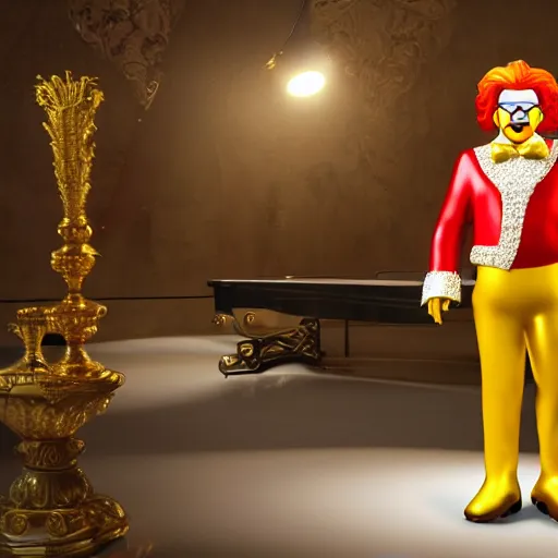 Image similar to A still of Ronald McDonald surrounded by gold and diamonds, Award-winning, photograph, 3d render, unreal engine, 4k detailed