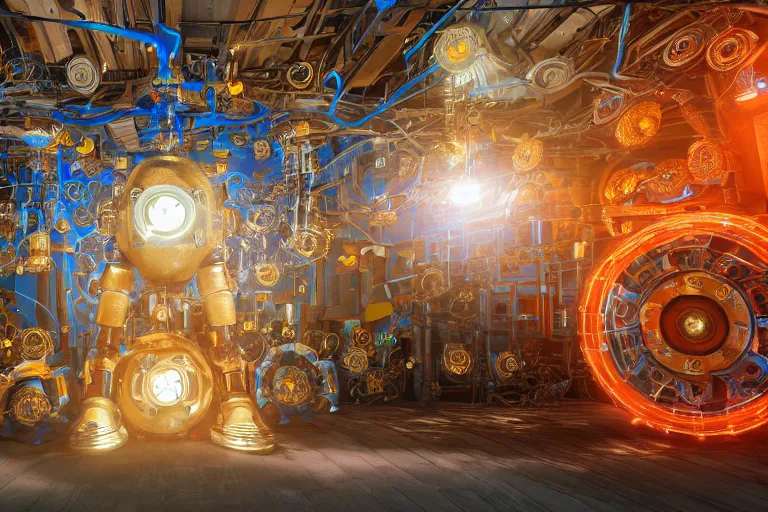 Prompt: floor is fluffy bubbly white foam, portrait photo of a giant huge golden and blue metal steampunk robot, with gears and tubes, eyes are glowing red lightbulbs, shiny crisp finish, 3 d render, 8 k, insaneley detailed, fluorescent colors, background is multicolored lasershow