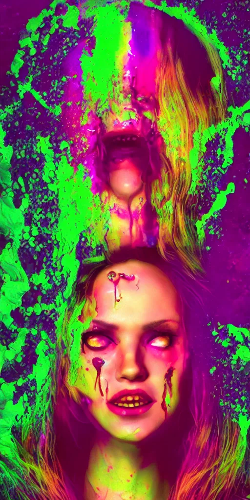 Prompt: impossibly beautiful female retro horror movie slasher villain, summer camp, complexity, horror, psychedelic glitch art, rainbow drip paint, trending on art station, photoreal, 8k, octane render