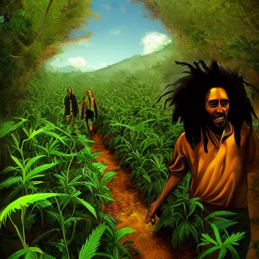 Image similar to bob marley walking though an infinite weed farm digital art, artstation, ultra detailed, beautiful aesthetic art