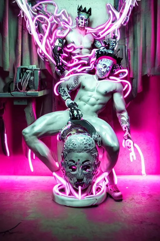 Image similar to full-body rococo and cyberpunk style neon statue of a muscular attractive Camilo wearing cholo shades macho dotado e rico android sim roupa reclining con las piernas abertas e la piroca dura, ethereal white dripping tar, glowing white lasers, pink tigers, glowing eyes, silver prince crown, black gears, pink diamonds, swirling mint-colored silk fabric. futuristic elements. full-length view. human skulls. large intricate artwork by caravaggio. Trending on artstation, octane render, cinematic lighting from the right, hyper realism, octane render, 8k, depth of field, 3D