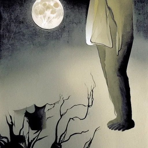 Prompt: looking at the full moon, ghost leaving the body, dave mckean