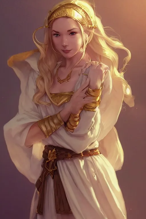 Prompt: Pretty Female Cleric, white robes, golden details!, church background!, golden hair, green eyes, light brown skin!, detailed face, cute smile, DND, D&D, low fantasy, by WLOP, Stanley Artgerm Lau, frank frazetta, Rossdraws, James Jean, artgerm, trending on Arstation, artstationHD, artstationHQ, cgsociety, HD 16K, extremely detailed, face details, pose