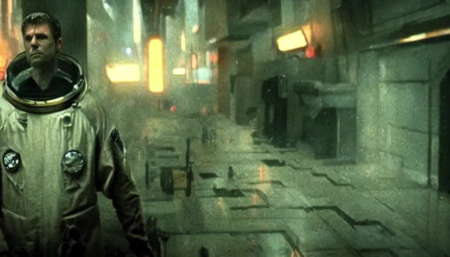 Image similar to screen shot of blade runner, astronaut priest talking to god, ambient lighting, cinematic, epic, demonic