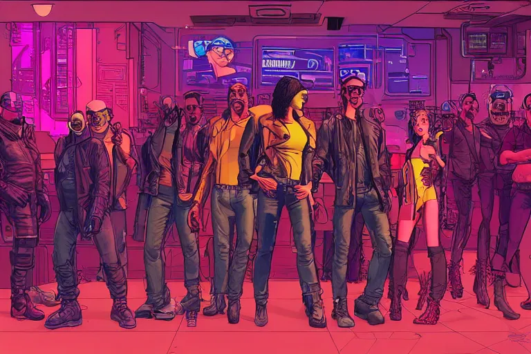 Prompt: cyberpunk heist crew in nightclub. portrait by stonehouse and mœbius and will eisner and gil elvgren and pixar. character design. realistic proportions. cyberpunk 2 0 7 7 character art, blade runner 2 0 4 9 concept art. cel shading. attractive face. thick lines. the team. diverse characters.