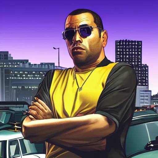 Prompt: a still of James Ferraro as a GTA V character in the menu loading screen, art by Stephen Bliss