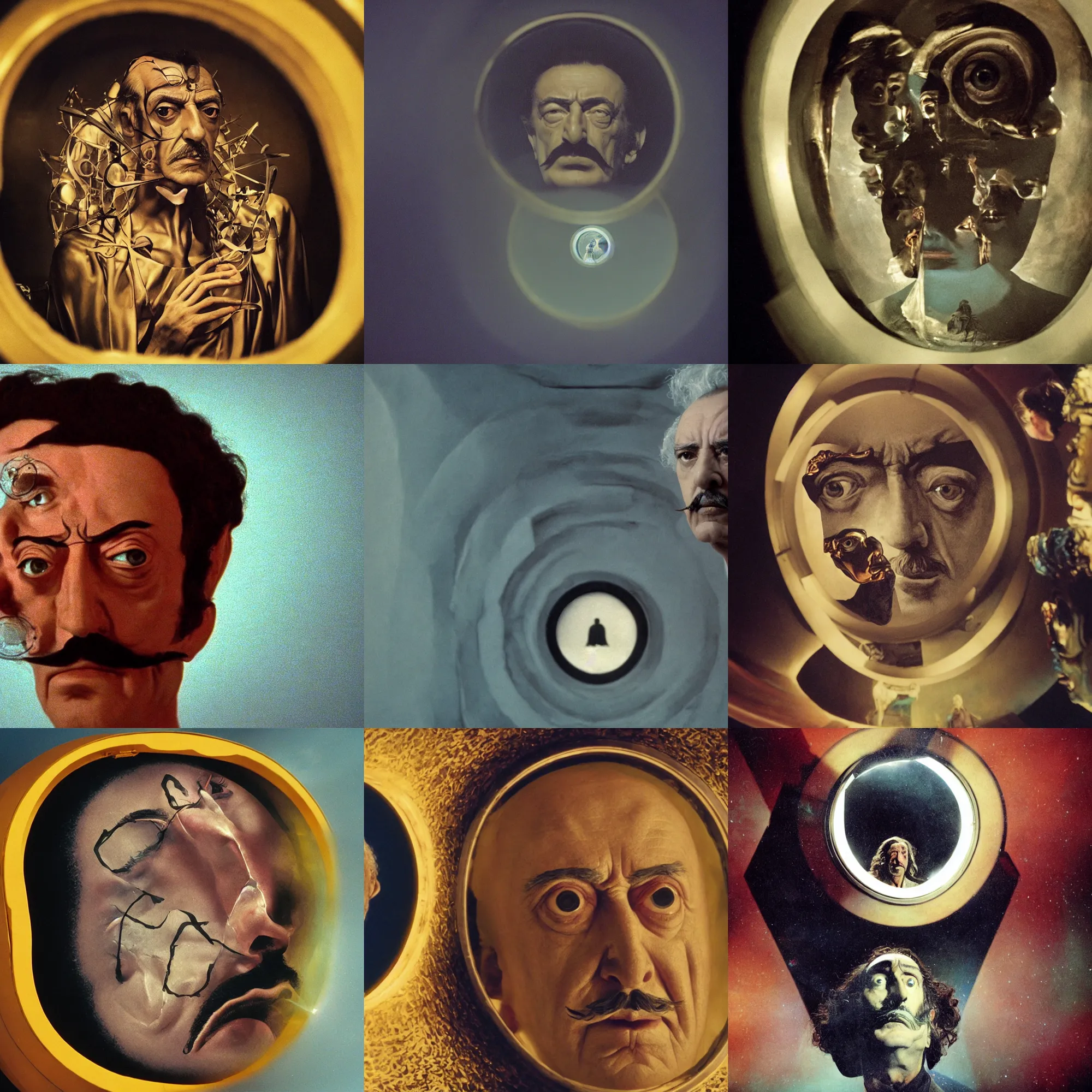 Prompt: the figure of ( ( ( ( ( salvador dali ) ) ) ) ) as emperor of universe in the center of porthole, proportional face | still frame from the movie by alejandro jodorowsky with cinematogrophy of christopher doyle and art direction by hans giger, anamorphic lens, 8 k, low key light, 3 5 mm film