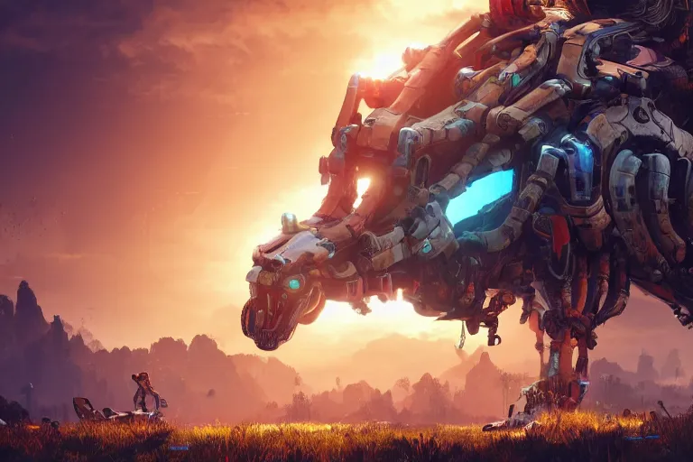 Image similar to snapmaw machine mecanical creature robot of horizon forbidden west horizon zero dawn radiating a glowing aura global illumination ray tracing hdr fanart arstation by ian pesty and alena aenami artworks in 4 k