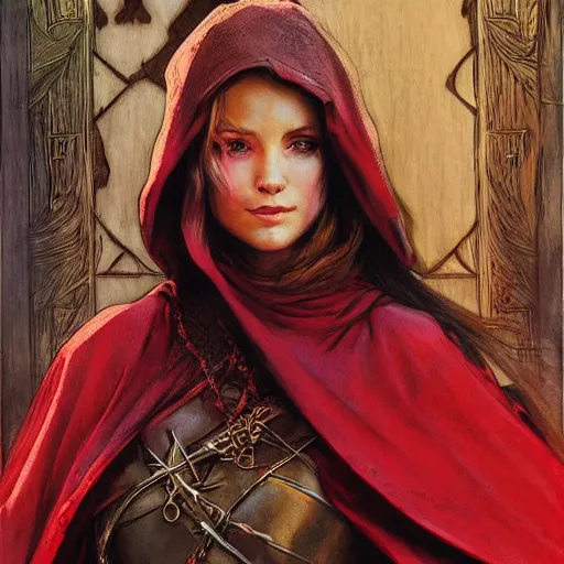 Image similar to esther the elven desert bandit. Red robes. Epic portrait by james gurney and Alfonso mucha (lotr, witcher 3, dnd).