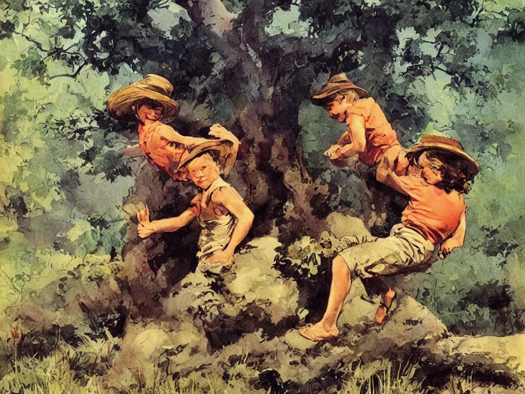 Image similar to the adventures of tom sawyer and huckleberry finn, illustrated by frank frazetta, playful, naturalistic, simple life, mississippi, colorful, landscape