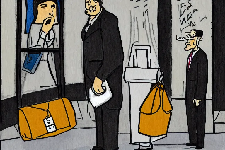 Image similar to tall, security guard checks the bags of a worried looking woman, art, satire